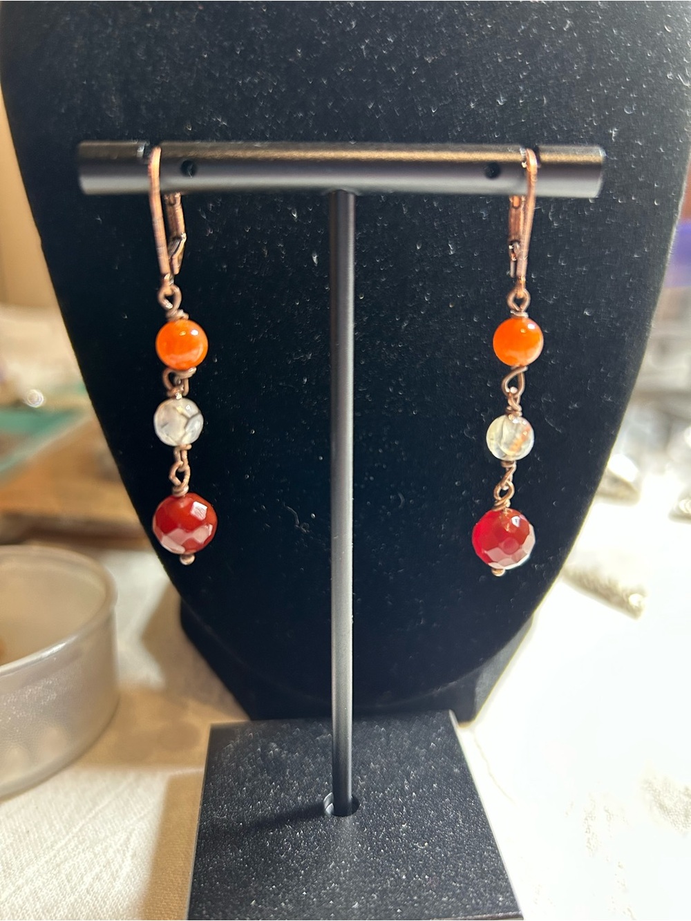 Handmade carnelian and quartz Beaded Drop Earrings - copper lever backs
